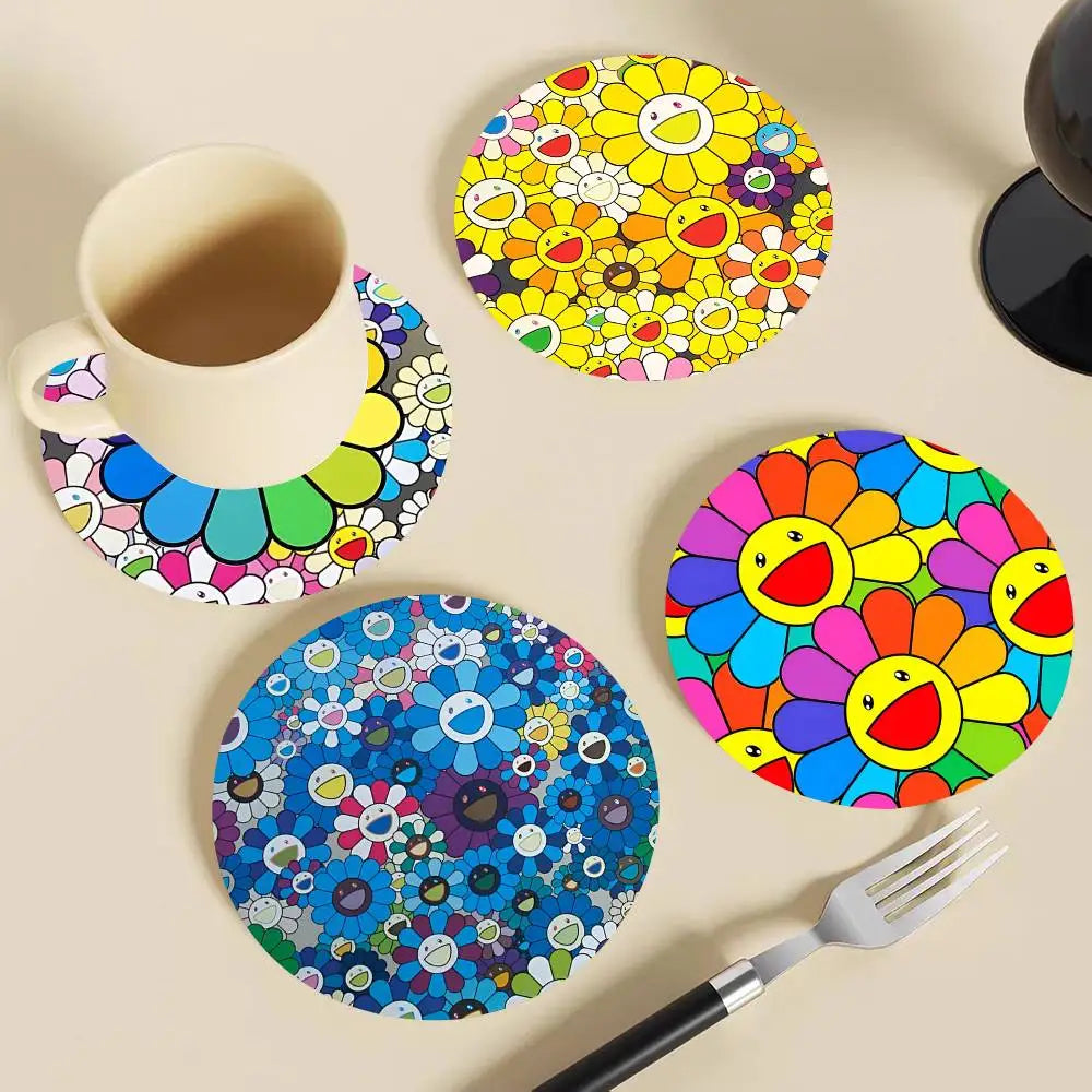 Cute T-Takashi Flowers M-Murakami Round Wooden Coasters Suitable For Restaurants And Coffee Home Gift Choice Holidays