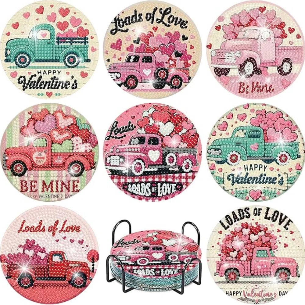 8 Pieces/Set Rose and Diamond Painting Coaster Set, DIY Coaster with Holder, Beginner and Adult Diamond Craft Gift