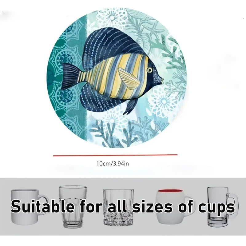 10CM 6PCS 2D Ecology Ocean Underwater Scene Wooden Coasters Ocean Surroundings Furniture Decoration Gift Desktop Protection