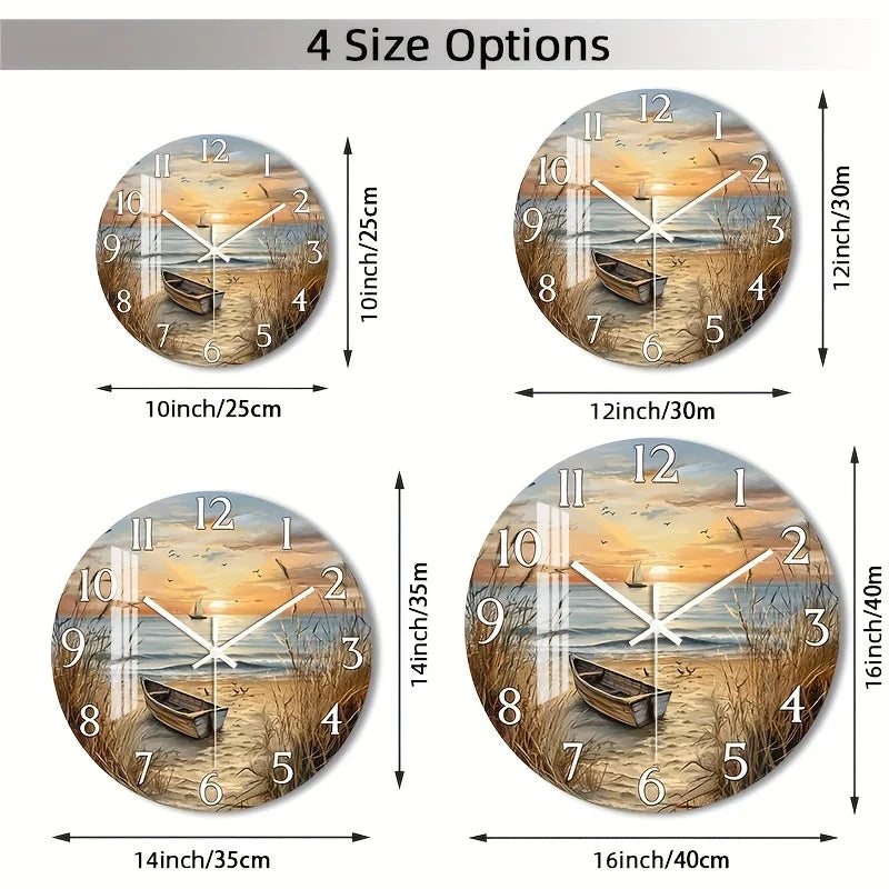 [2D Flat Wall Clock] 1pc 2D Flat Wall Clock Non-Ticking Wooden, Circular Clock HD Glossy Lamination Finish Serene Coastal Sunset with Boat Design for Bedroom, Dining Room, Entryway, Lounge, Reading Corner 10" 12" 14" 16" (No