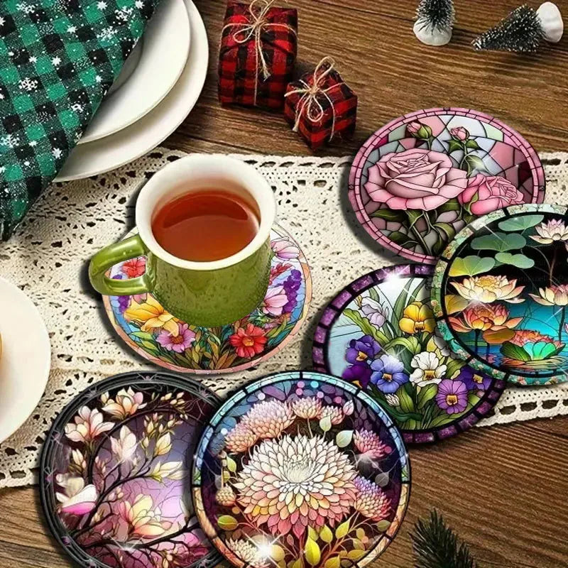 8 Sets of Floral Patterned Wooden Anti-Slip Coasters, Suitable for Bar and Cafe Decoration Anti-Slip Coasters