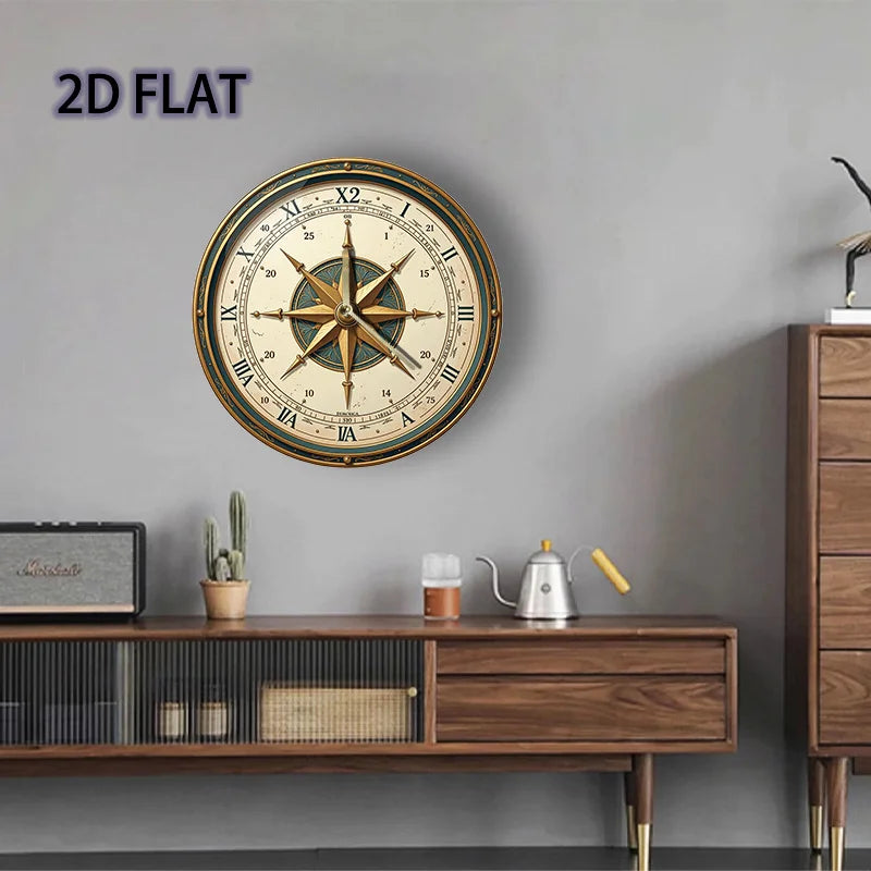Wooden Nautical Compass Wall Clock - Silent Non-Ticking Round Ocean-Themed Clock with Compass, Suitable for Living Room, Bedroom, Office Decor, Housewarming Gift, Nautical Theme Decoration, 2D Flat