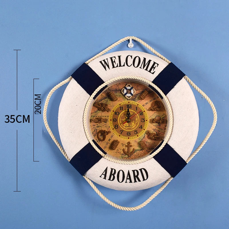 Mediterranean Retro Style Anchor Wall Clock Wooden Rudders Silent Hanging Clocks Coffee Bar Home Decorations