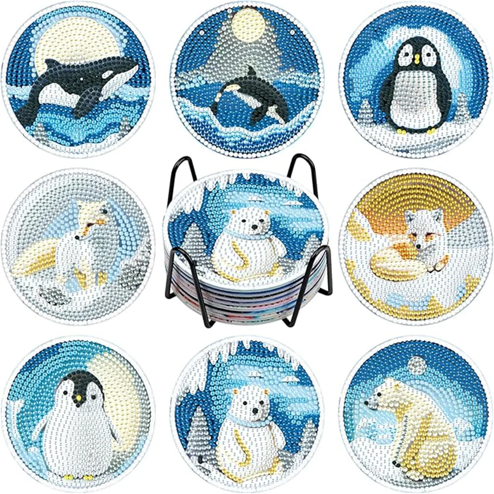 8 Pieces of Diamond Art Painting Coasters with Brackets, DIY Cat Patterned Diamond Art Coasters, Suitable for Both Adults and Be