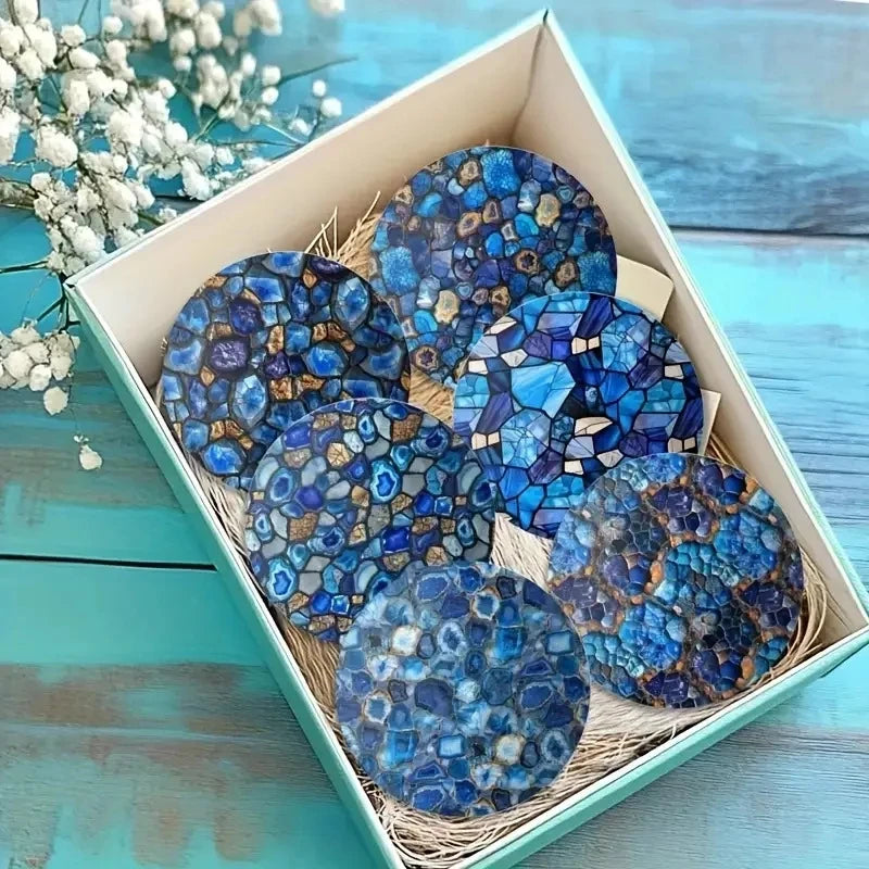 6pcs Ocean Blue Wooden Coasters 2D Blue Design Heat Protection Home Tabletop Decor Color Printed Coffee Cup Accessories