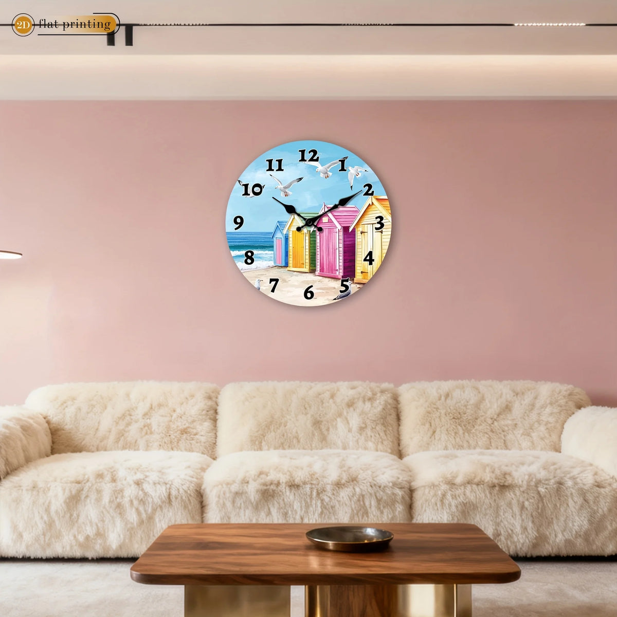 1pc Beach Huts with Seagulls, Wooden Home Wall Clock- 2D Flat Printed Silent Scan Clock, Christmas and Valentine's Day Decorations, Suitable for Restaurant and Kitchen Decoration, The Perfect Birthday and Housewarming Gift, 2