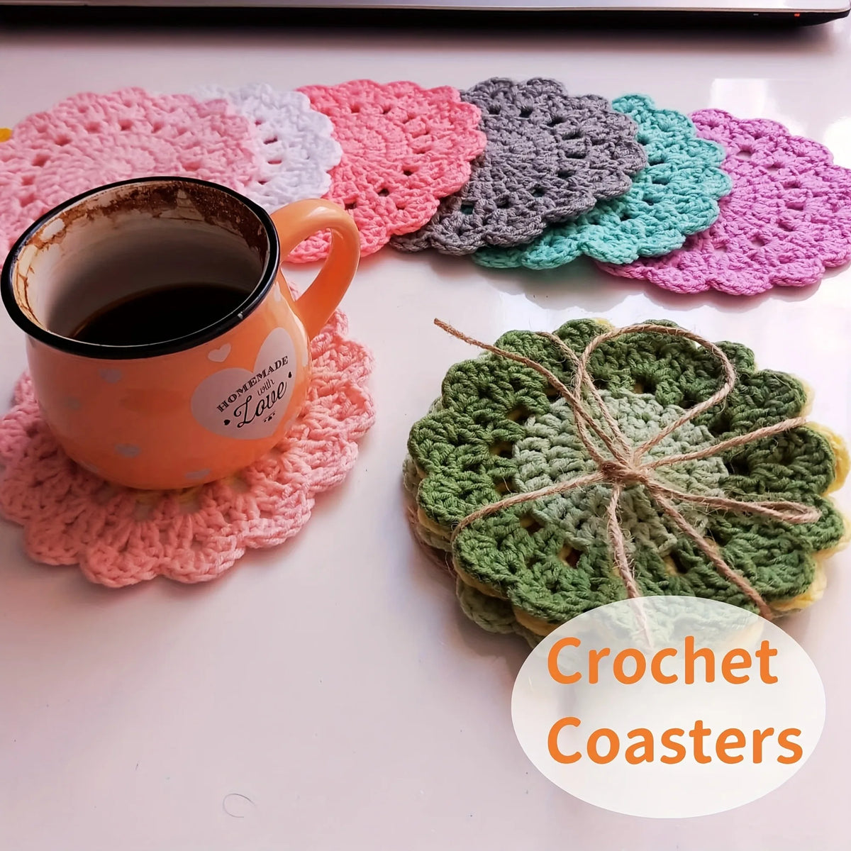 4 Pack Cute Handmade Flower Coaster Set, Funny Pink Crochet Plant Pot Coasters, Drink Cup Mats, Soft Desktop Bar Decor Coasters,