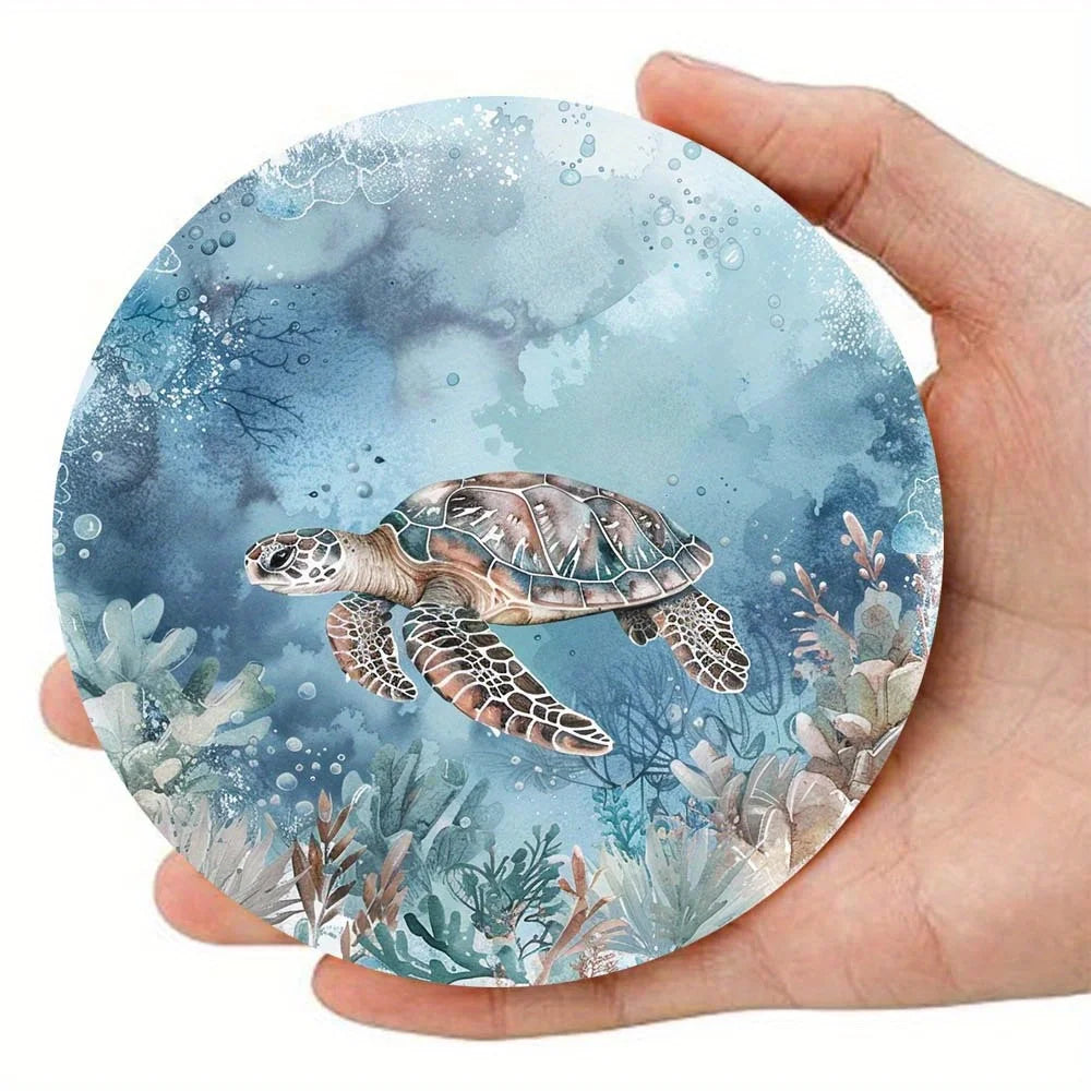 4in Sea Turtle Theme Beautiful Coral Patterns Wooden Coaster Set 6pcs  Deep Sea Turtle Coffee Family Parties Coffee Shops Gifts