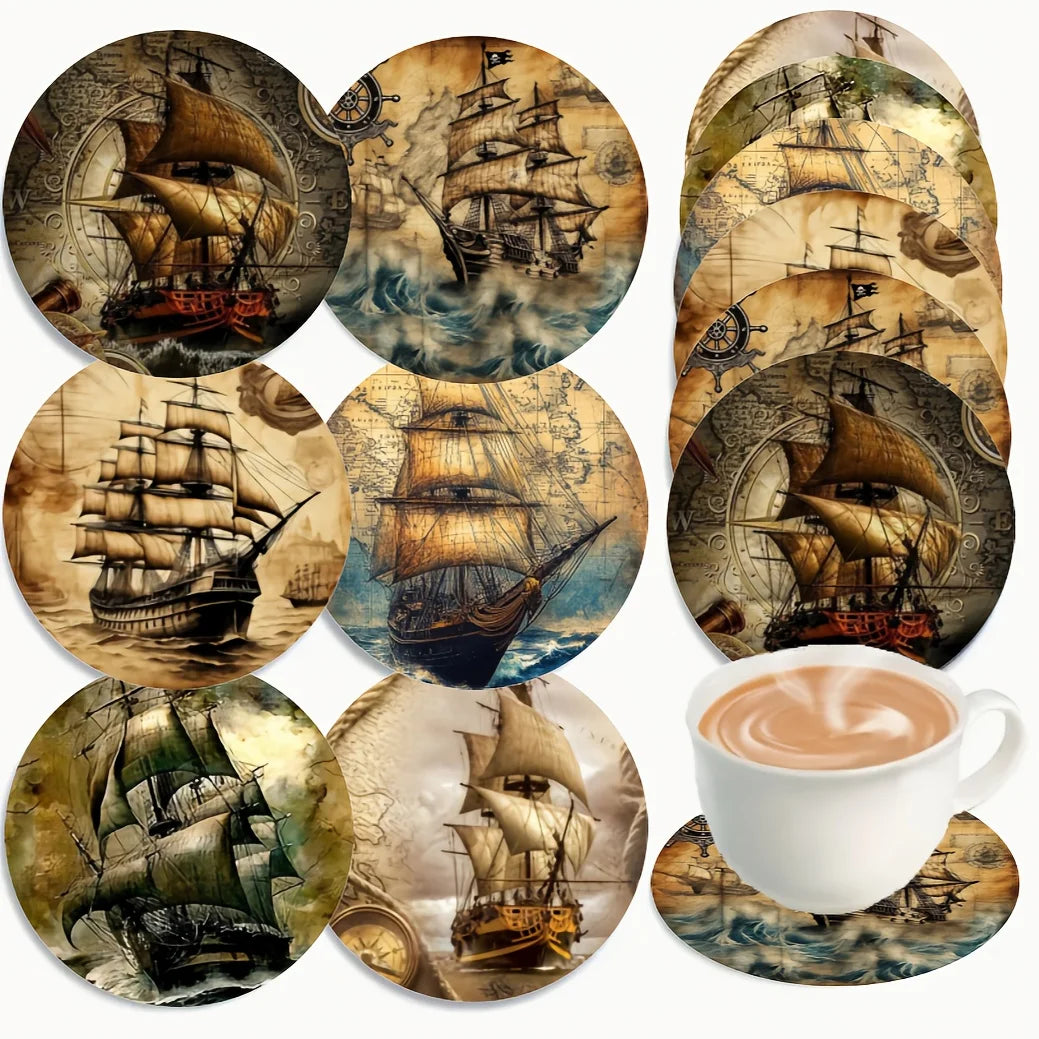 6PCS Retro Classic Pirate Ship Themed 2D Flat Wooden Coasters Tea Cups Coffee Cups Decorative Home Dining Room Bar Hotel Items