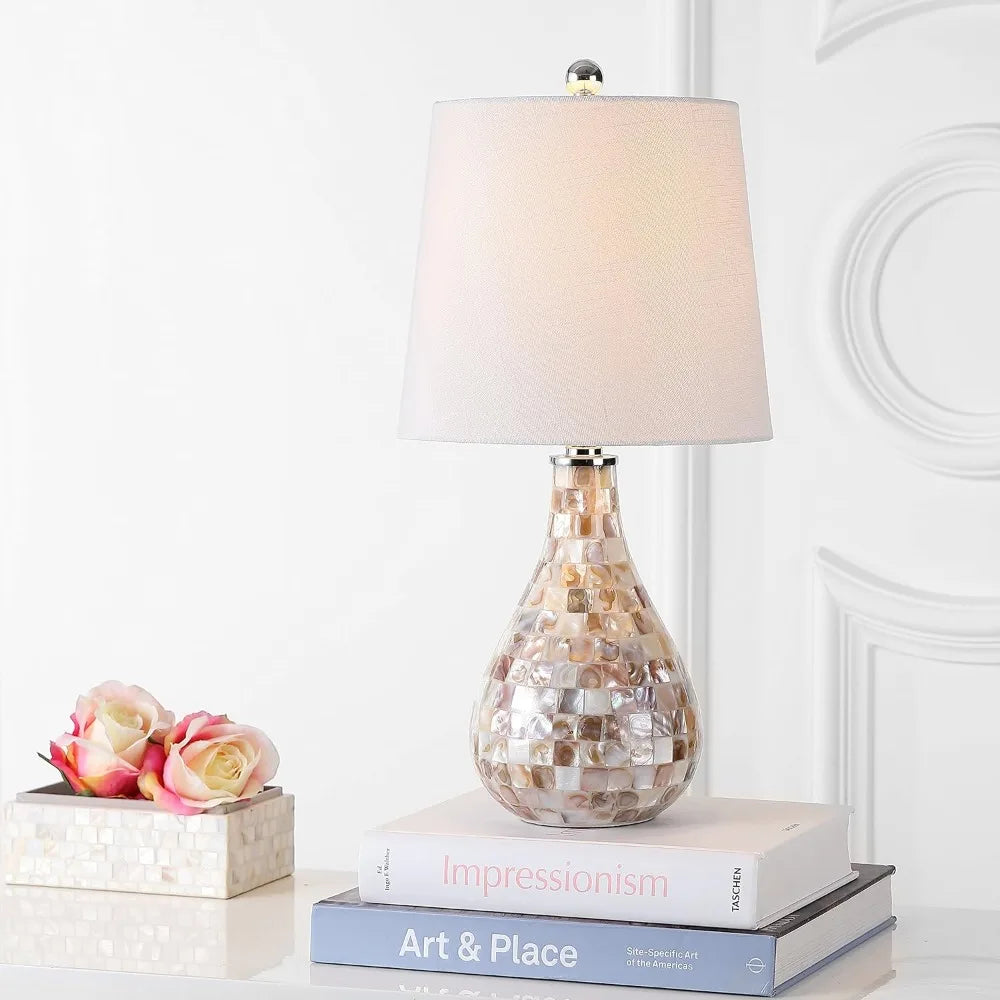 US Shipping Modern White Linen Drum Shade LED Table Lamp Mother of Pearl Seashell Coastal Bedside Nightstand Lamp for Living