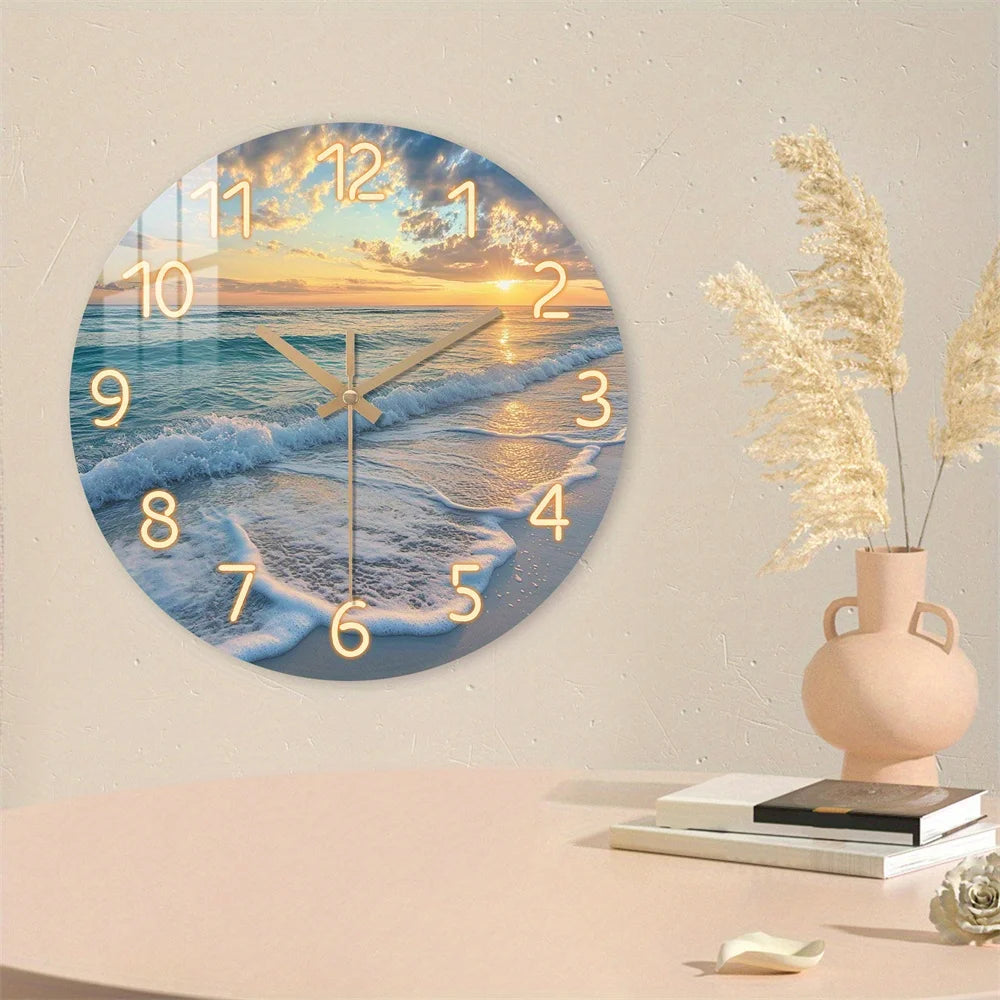 Wall Clock, Nature Theme Beach Sunset Pattern Design, Tempered Film Veneer Silent, Suitable for Living Room Bedroom Beach House Decor, Ideal for Summer Holiday Gifts, Battery Powered (Excluding AA Battery), 1pc