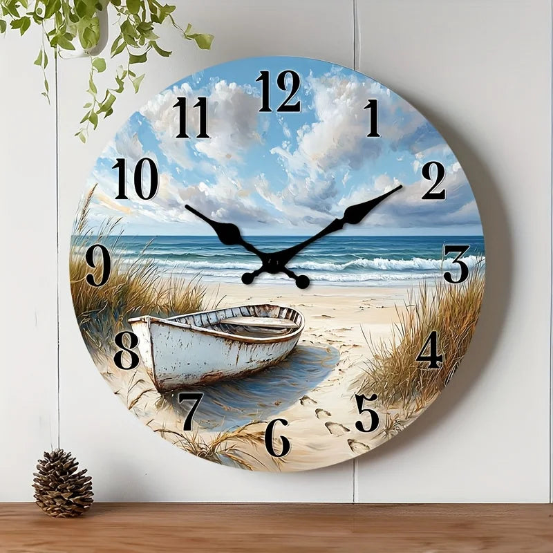 1pc Silent Non-Ticking Wall Clock - Wooden Round Nautical Beach Scene with Boat Design, Face for Readability, Suitable for Kitchen,,, Bedroom - 25.4cm/30.48cm/35.56cm/40.64cm (No Battery)