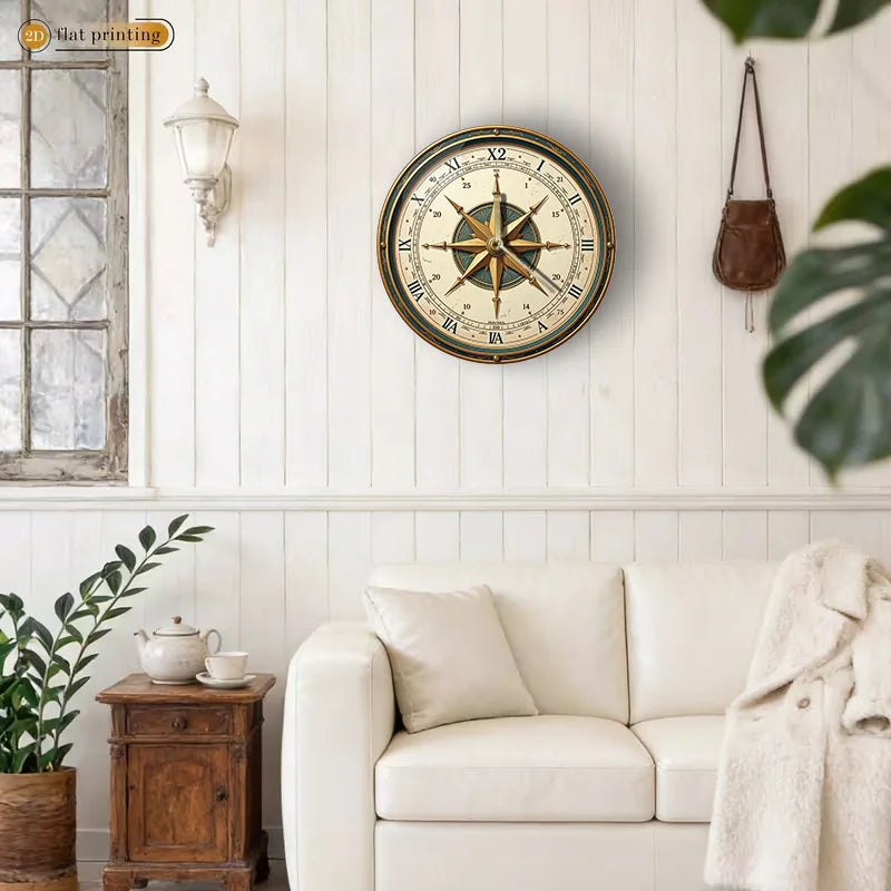 Wooden Nautical Compass Wall Clock - Silent Non-Ticking Round Ocean-Themed Clock with Compass, Suitable for Living Room, Bedroom, Office Decor, Housewarming Gift, Nautical Theme Decoration, 2D Flat