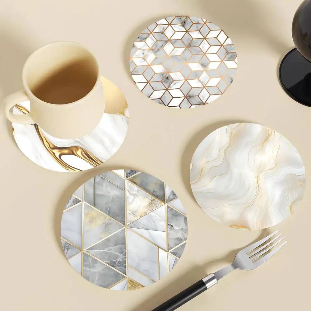 Golden Line Marble Pattern Round Wooden Coasters Suitable For Restaurants And Coffee Home Gift Choice Holidays