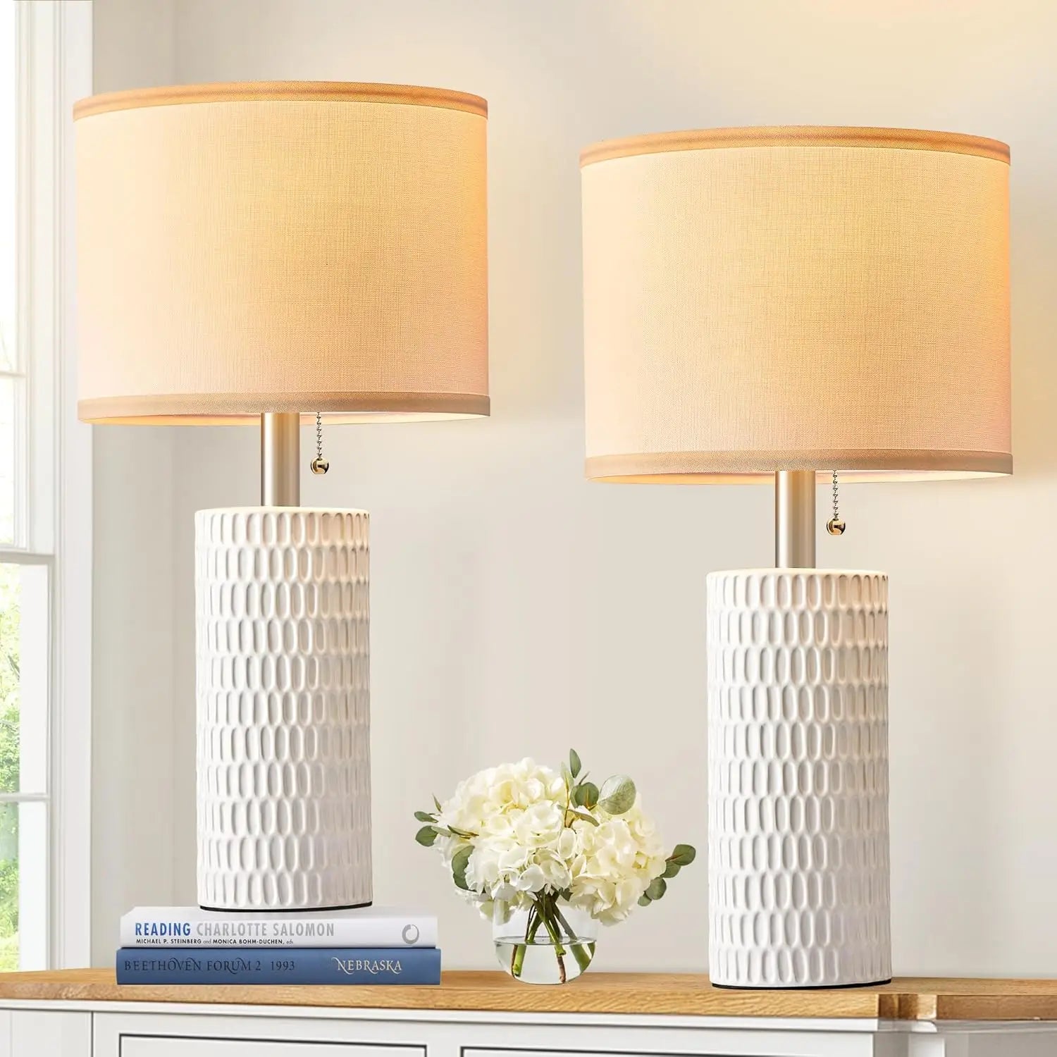 20" Ceramic Table Lamps Set of 2 for Bedroom, Modern Nightstand Lamps with Fabric Shade and Pull Chain for Living Room