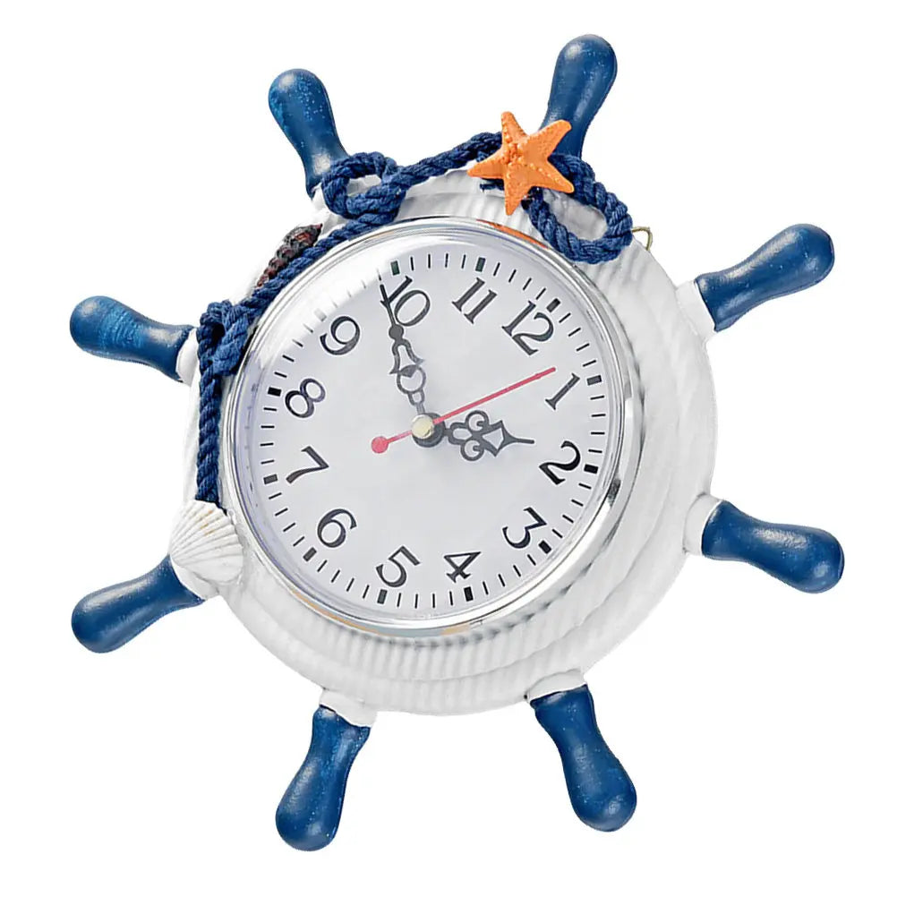 1Pcs Wall Clock Wooden Mediterranean Style Large Number Blue Sea Star Decoration Home Office Bedroom Living Room