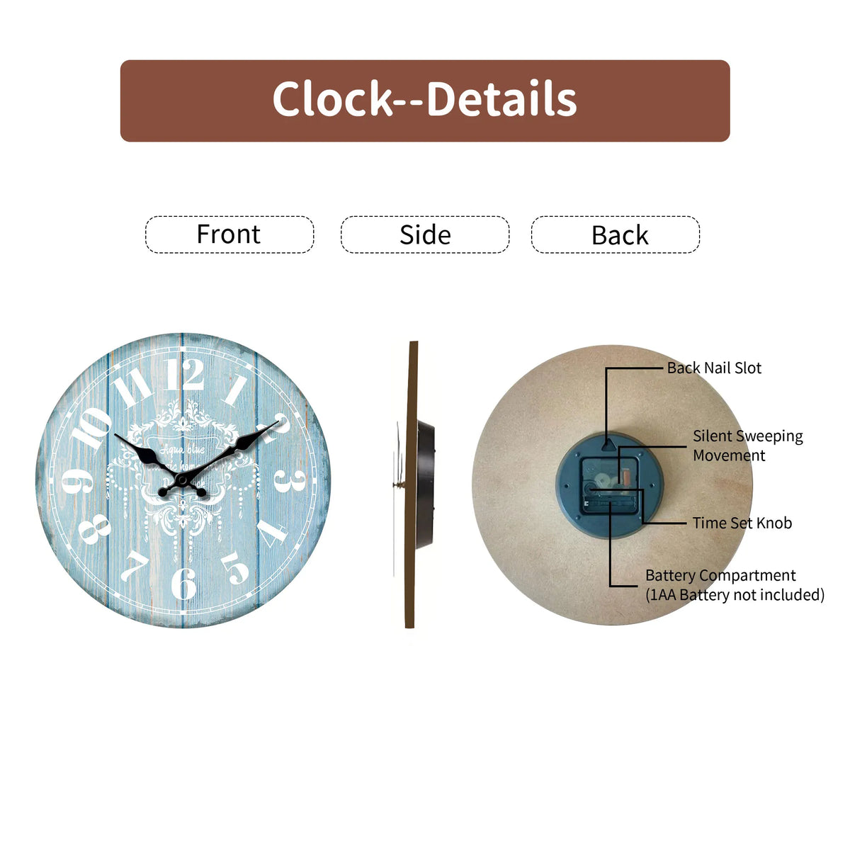 1pc Round wooden wall clock Marine decoration, retro blue wood texture design wall clock, silent clock, Beach outdoor wall clock