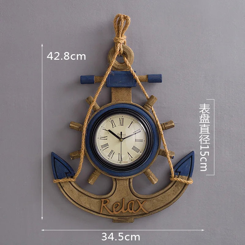 Mediterranean Style Wall Clock Retro Fiberboard Silent Anchor Wall Hanging Clock Watch Coffee Bar Home Clock Decoration