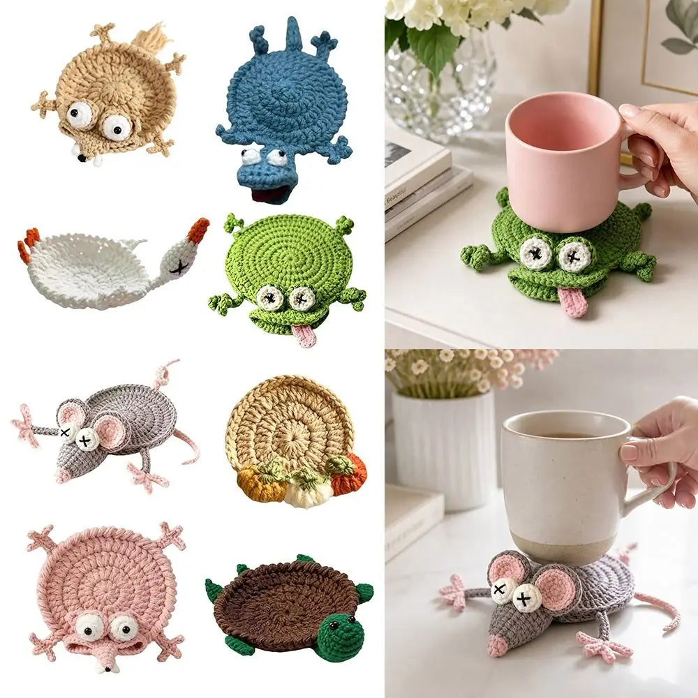 Handmade Crochet Craft Crochet Animal Coaster Soft Knitted Animal Shape Design Knitted Drink Coaster Creative Cartoon Style