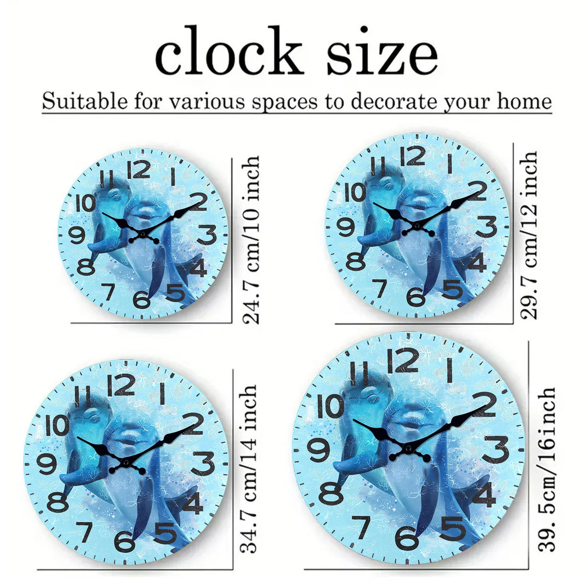 Personalized Blue Dolphin Pattern Wooden Wall Clock for Living Room, Bedroom, Kitchen, Home Decoration, Silent Quartz Clock, Holiday Gift, 10 Inches, 12 Inches 14inch 16inch (No Battery)