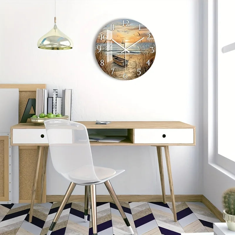 [2D Flat Wall Clock] 1pc 2D Flat Wall Clock Non-Ticking Wooden, Circular Clock HD Glossy Lamination Finish Serene Coastal Sunset with Boat Design for Bedroom, Dining Room, Entryway, Lounge, Reading Corner 10" 12" 14" 16" (No