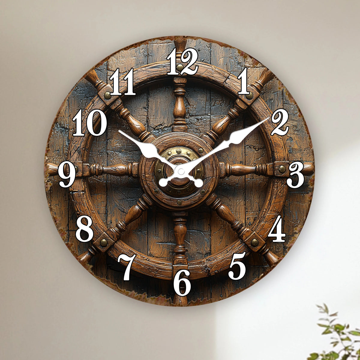 Antique Wooden Ship Steering Wheel Wall Clock - Nautical Decor for Office, Study, or Coastal Themed Room - Silent Sweep