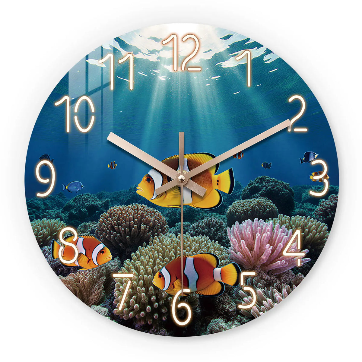 Ocean Eco Clownfish Coral Pattern Wooden Wall Clock, 10-24inch Silent Wall Clocks, Aa Battery Powered, Suitable for Living Room, Bedroom, Office, (Batteries Not Included), Mother's Day, Easter, April Fool's Day