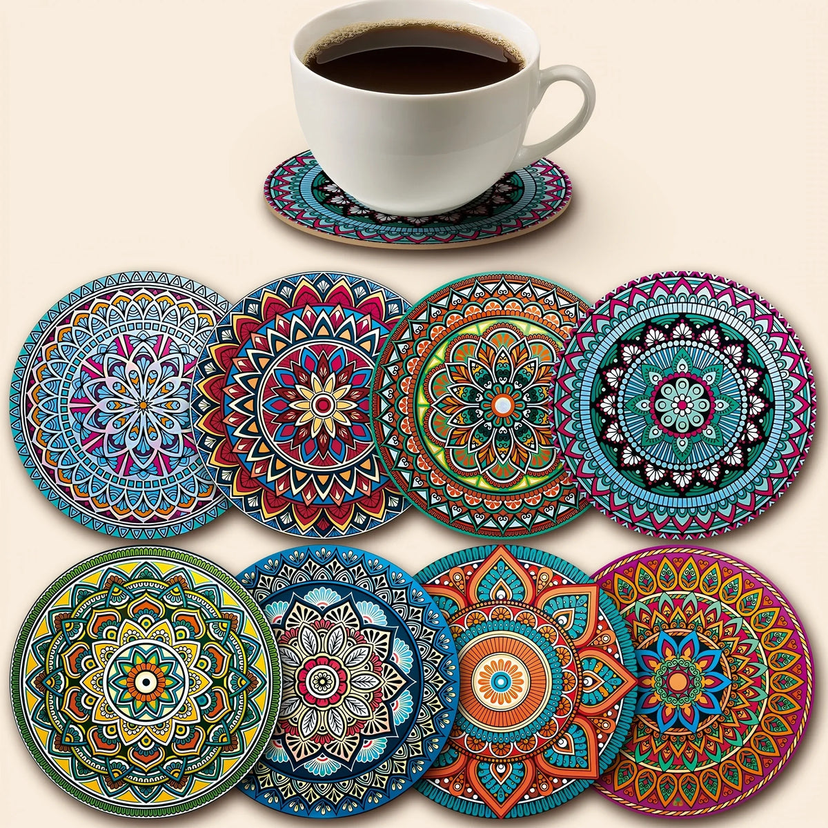 8Pcs Wooden Mandala Coasters, Heat Resistant Cup Mats for Home Bar Office Holiday Party Decoration