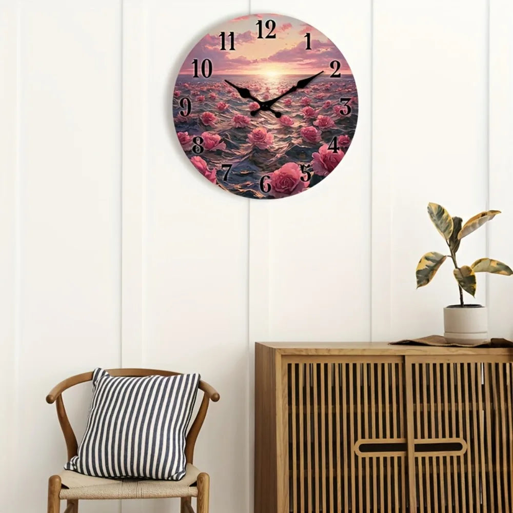 1pc of a Quiet Wall Clock That Doesn'T Tick, Featuring a Decorative Round Design with an Abstract Floral Ocean Sunset Theme, Sui