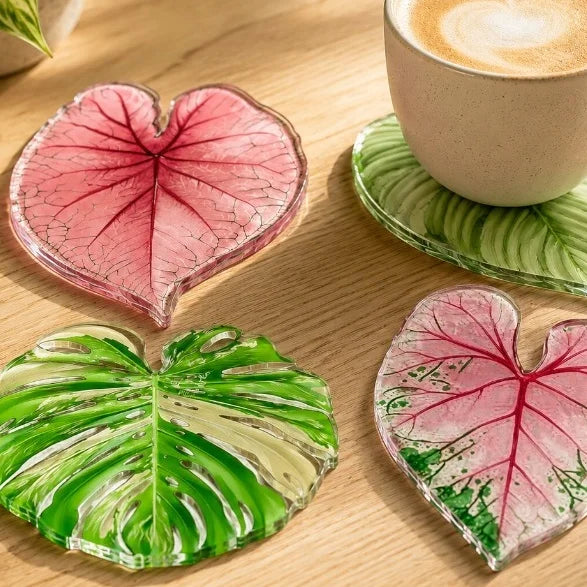 4-Piece Set of Acrylic Tropical Plant Leaf Coasters, New Style Coasters, Heat-Insulating Coaster Set, Protects Tabletops from Hot Drinks, Cups, and Plates - Eco-Friendly, Suitable for Offices, Restaurants, Cafes, Hallo