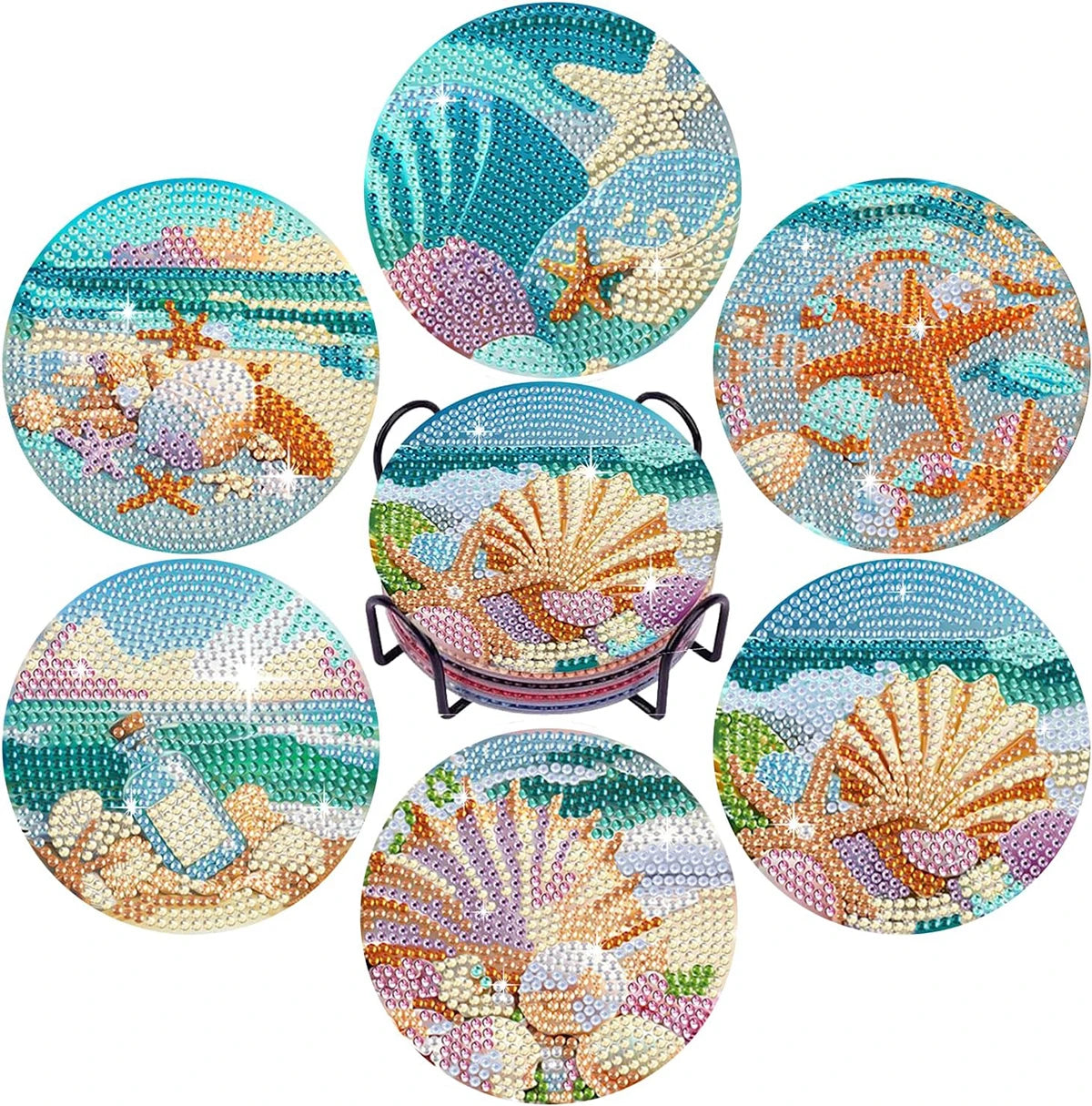 6 Pieces/Set of Beach Scenery Pattern Diamond Painted Wooden Coasters, DIY Creative Diamond Painted Coasters, Holiday Gifts