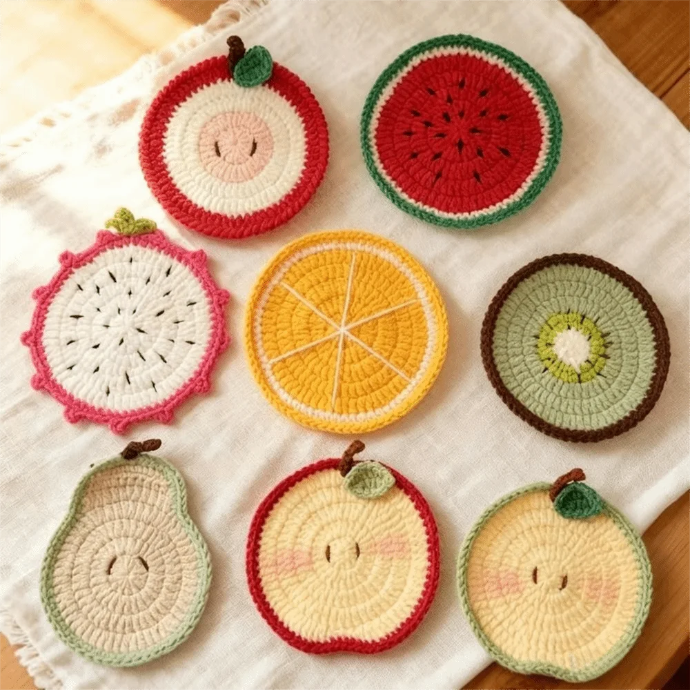 Yarn Crochet Fruit Coasters Fruit Shaped Heat Insulating Fruit Cup Coasters Soft Lightweight Handmade Crochet