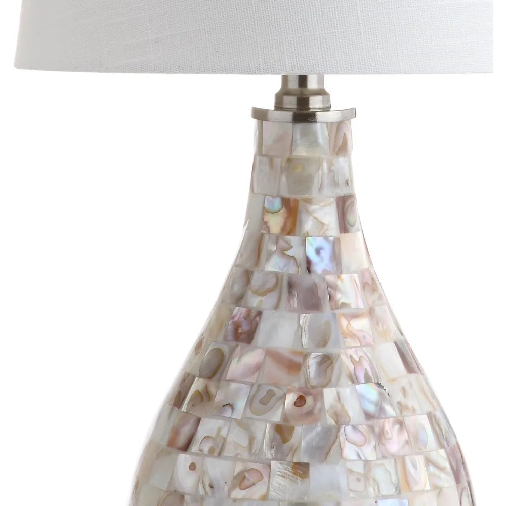 US Shipping Modern White Linen Drum Shade LED Table Lamp Mother of Pearl Seashell Coastal Bedside Nightstand Lamp for Living