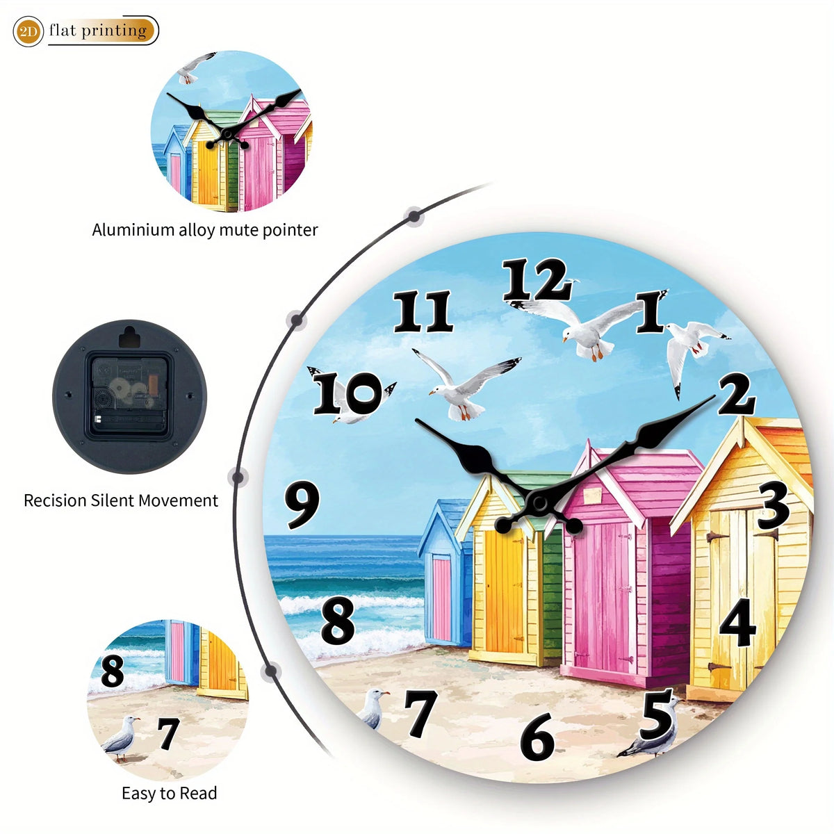1pc Beach Huts with Seagulls, Wooden Home Wall Clock- 2D Flat Printed Silent Scan Clock, Christmas and Valentine's Day Decorations, Suitable for Restaurant and Kitchen Decoration, The Perfect Birthday and Housewarming Gift, 2