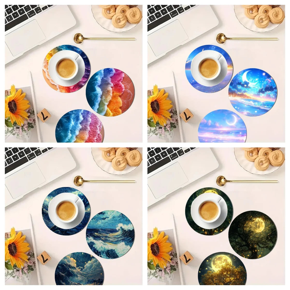 4-piece set of dreamy beach pattern art coasters, anti-slip wooden coasters, suitable for living rooms, offices and bars