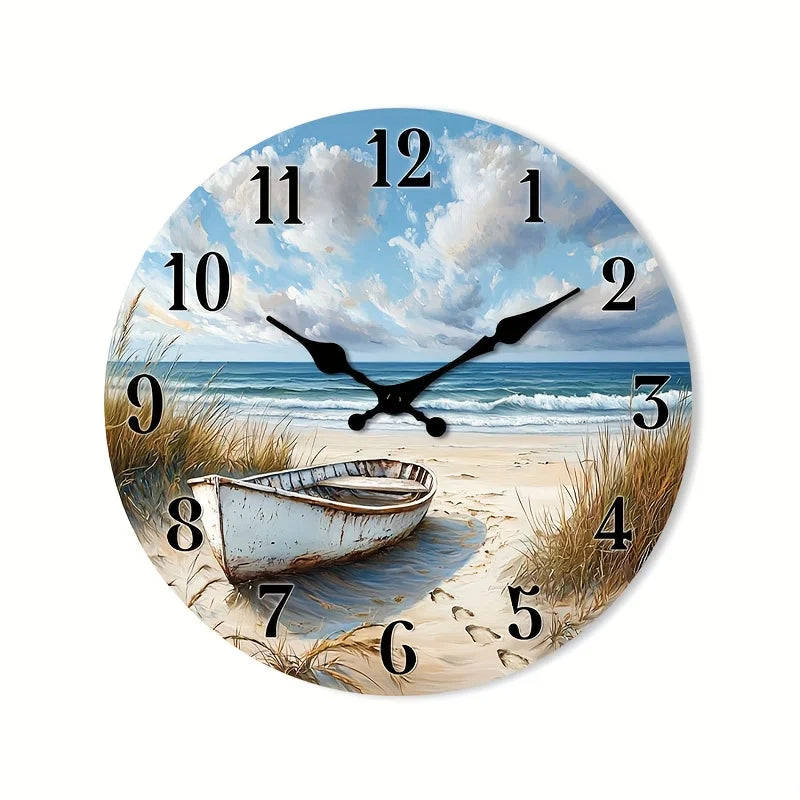 1pc Silent Non-Ticking Wall Clock - Wooden Round Nautical Beach Scene with Boat Design, Face for Readability, Suitable for Kitchen,,, Bedroom - 25.4cm/30.48cm/35.56cm/40.64cm (No Battery)