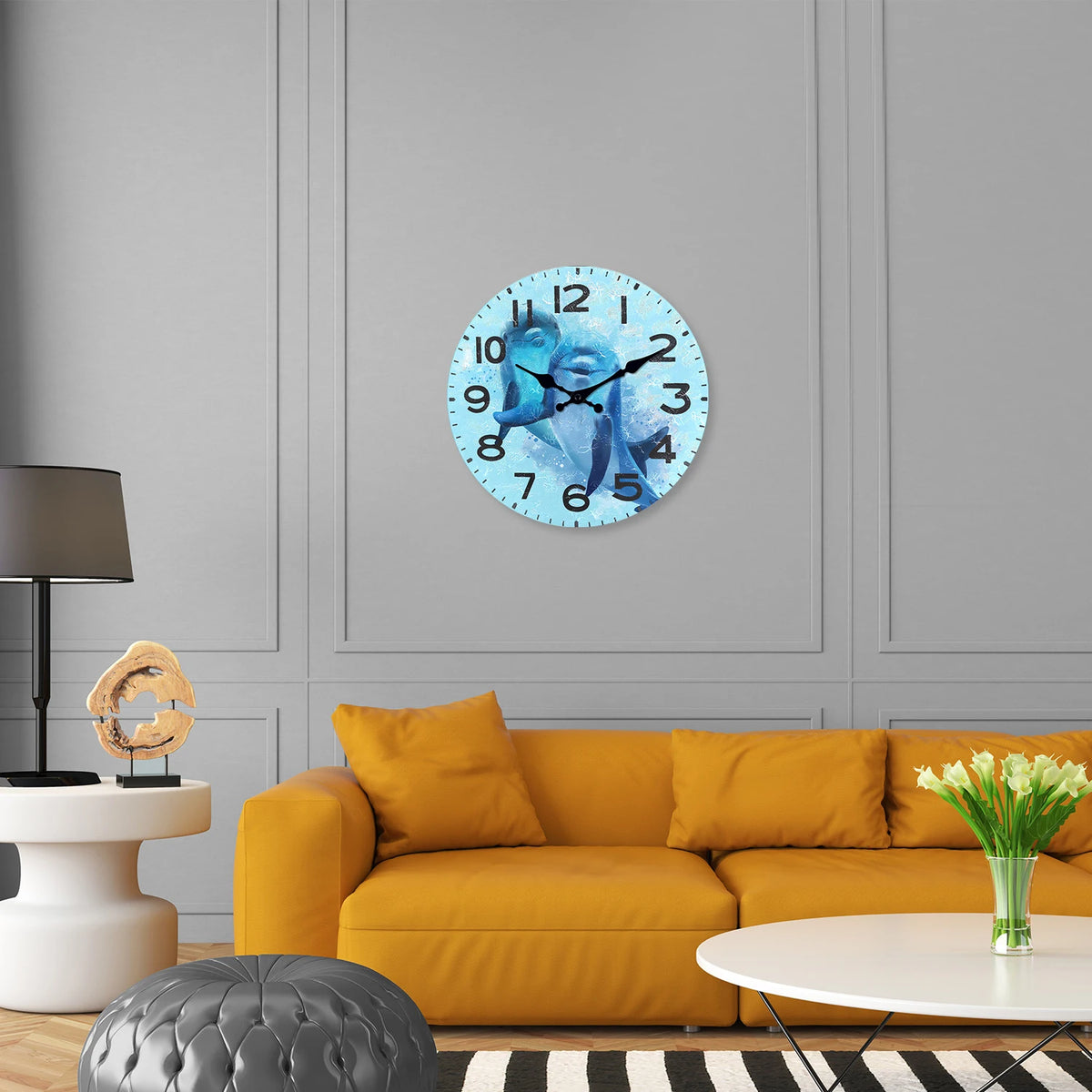 Personalized Blue Dolphin Pattern Wooden Wall Clock for Living Room, Bedroom, Kitchen, Home Decoration, Silent Quartz Clock, Holiday Gift, 10 Inches, 12 Inches 14inch 16inch (No Battery)
