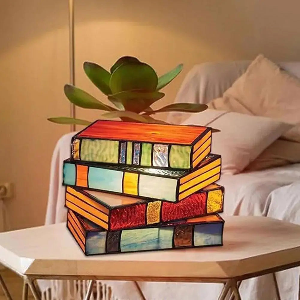 Plastic Stacked Books Lamp Decorative Handicraft Stacked Books Light Stained Glass Table Reading Light Nightstand Desk Lamps