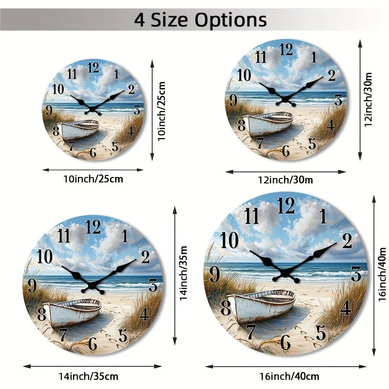 1pc Silent Non-Ticking Wall Clock - Wooden Round Nautical Beach Scene with Boat Design, Face for Readability, Suitable for Kitchen,,, Bedroom - 25.4cm/30.48cm/35.56cm/40.64cm (No Battery)