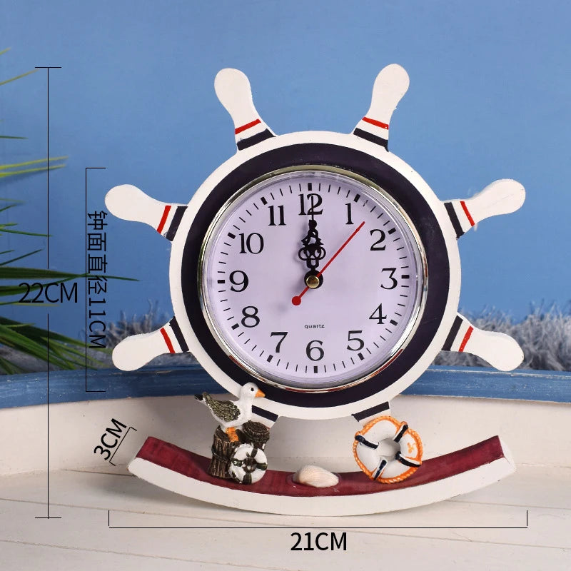 Mediterranean Retro Style Anchor Wall Clock Wooden Rudders Silent Hanging Clocks Coffee Bar Home Decorations