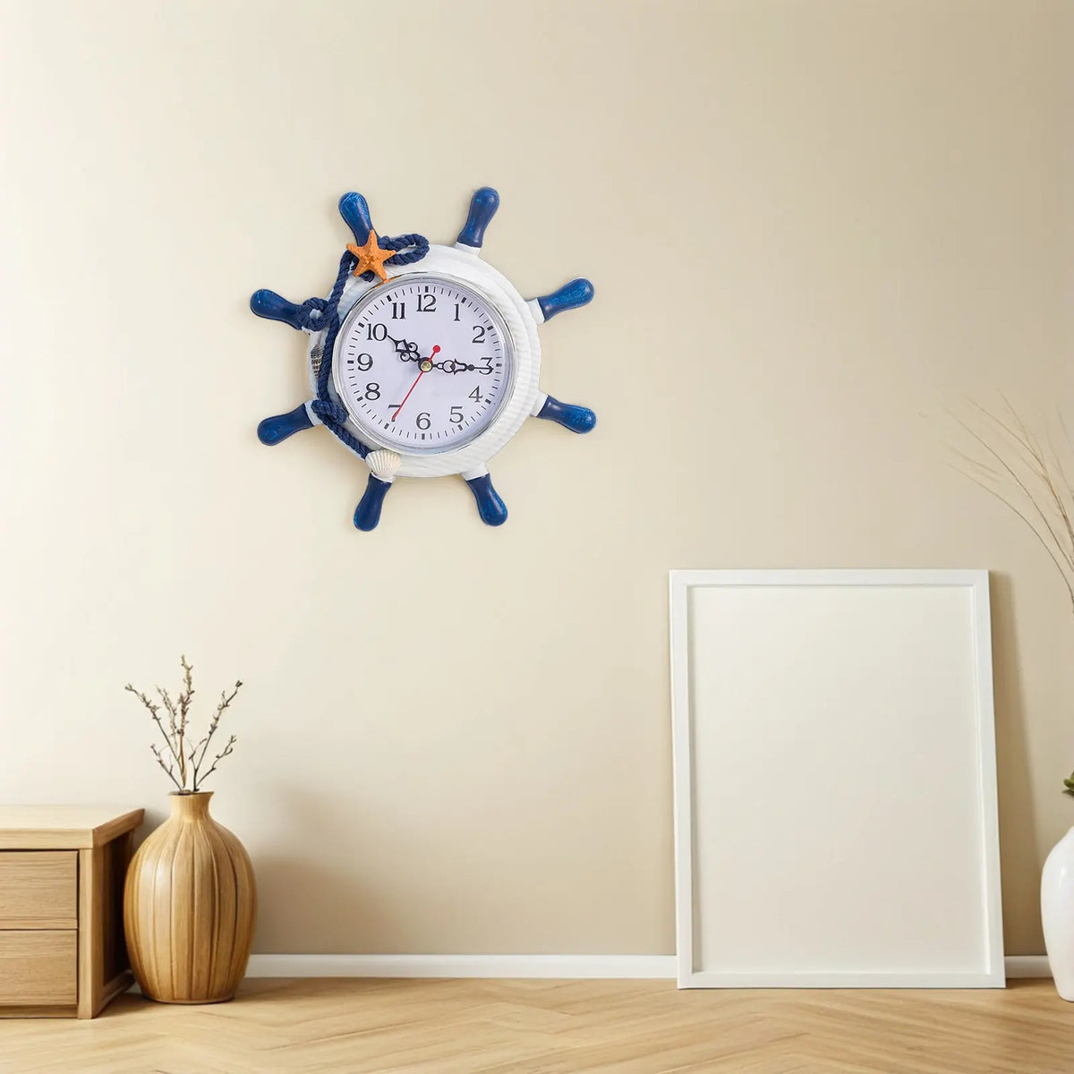 1Pcs Wall Clock Wooden Mediterranean Style Large Number Blue Sea Star Decoration Home Office Bedroom Living Room