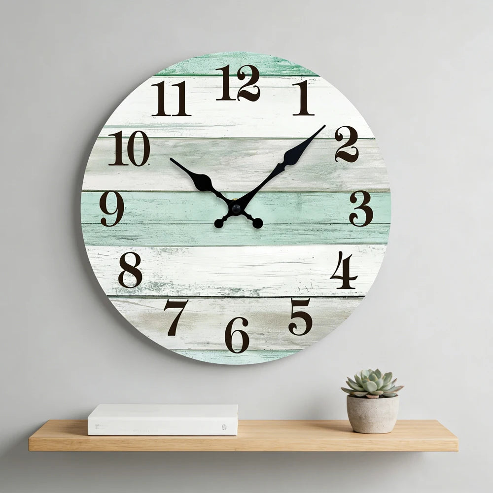 Rustic Mint Green Wood Wall Clock Time Management  Silent Quartz Clock Farmhouse Coastal Decor for Living Room Bedroom Kitchen