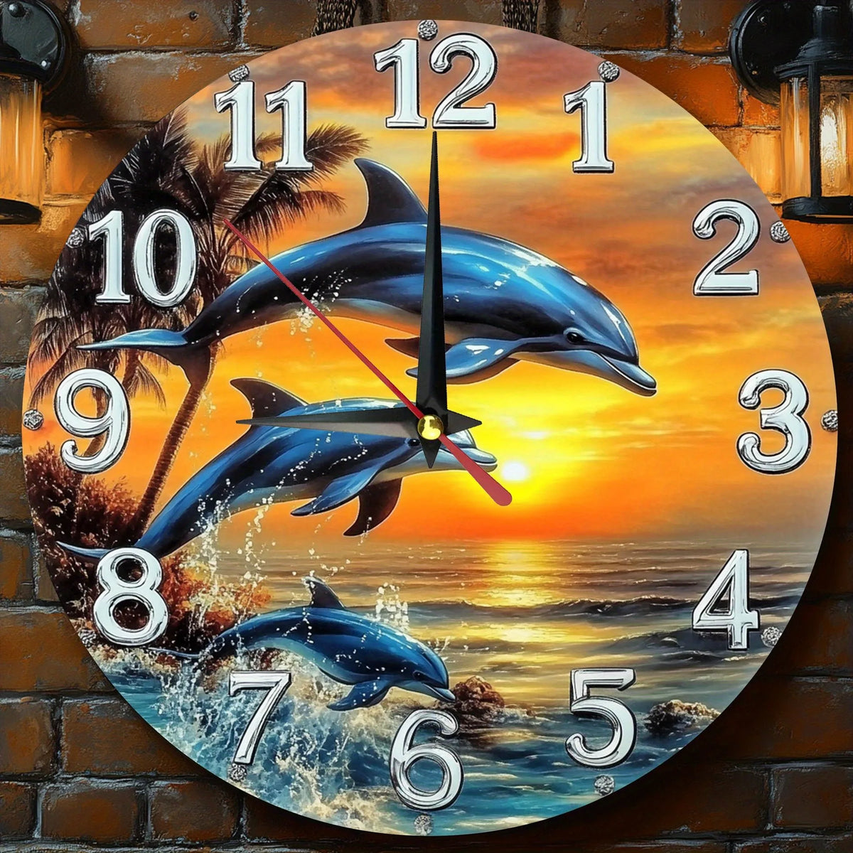 Wooden Wall Clock with a Dolphin - Sunset Pattern, Perfect for Home Decor. Runs on AA Batteries