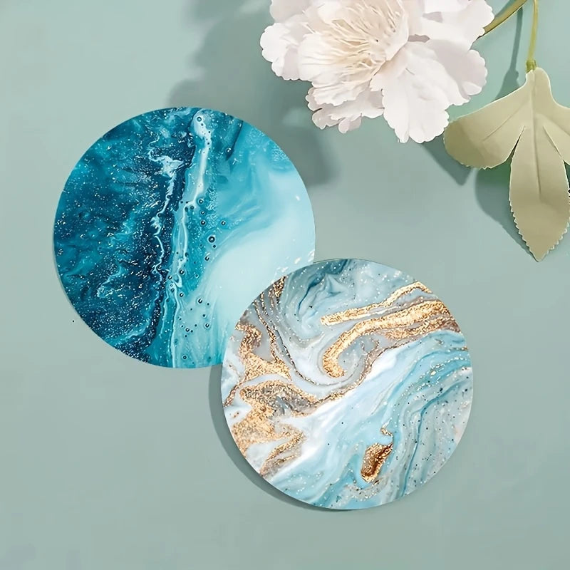 2D Flat 6pcs Blue Ocean Round Wooden Coasters & Placemats Set - Home, Cafe, Party Table Decor, Durable Drink Coasters For Home