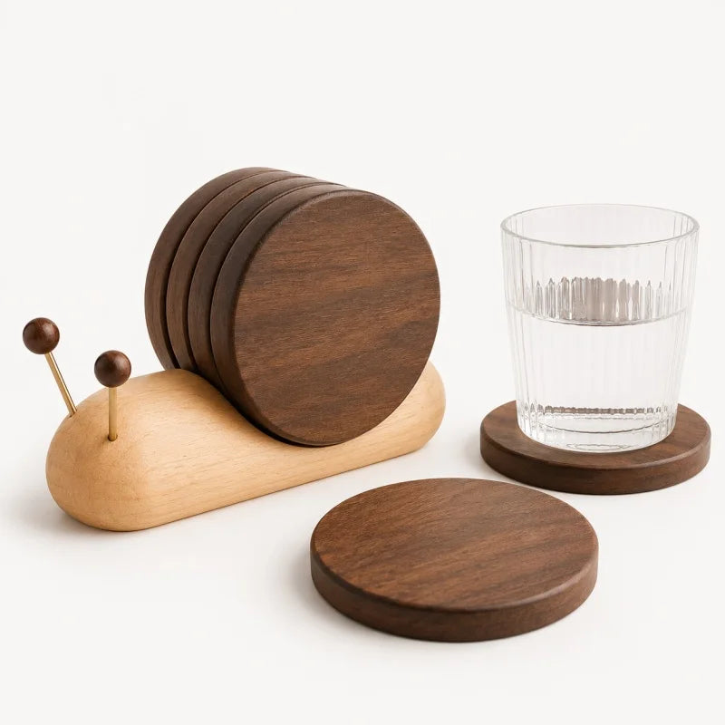 Wooden Coaster Set with Holder Snail Shaped Heat Resistant Drink Coasters for Coffee Tea Mugs Glasses Small Bowls Home Decor
