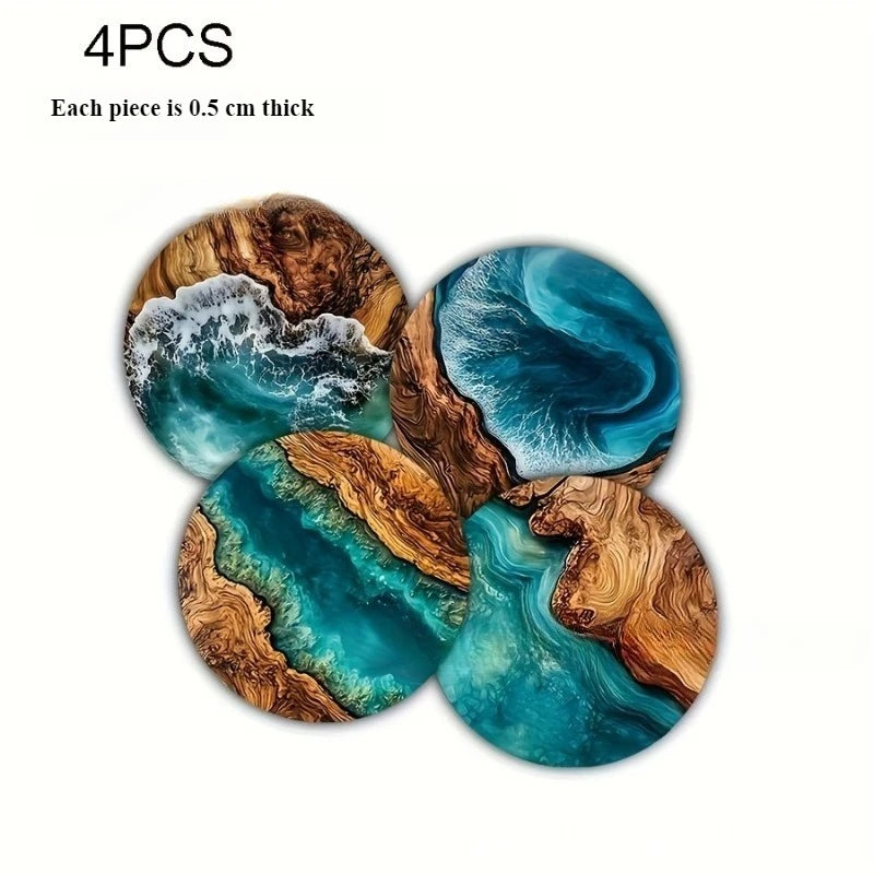 New thickened Turquoise ocean and tropical wood grain round coaster, heat-resistant and non-slip, for home and coffee shop