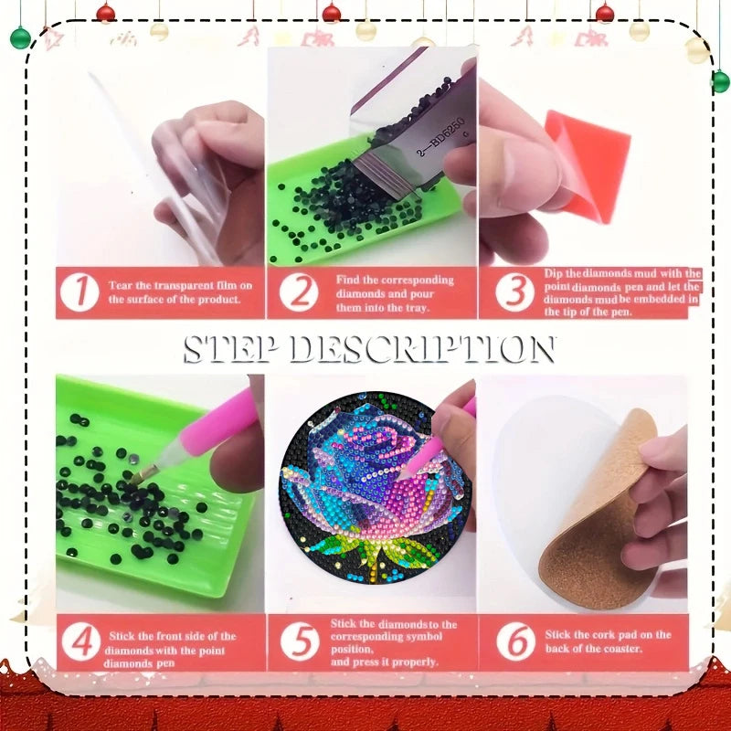 6 Pieces/Set of Flower Patterned Diamond Painted Wooden Coasters, DIY Creative Diamond Painted Coasters, Holiday Gifts