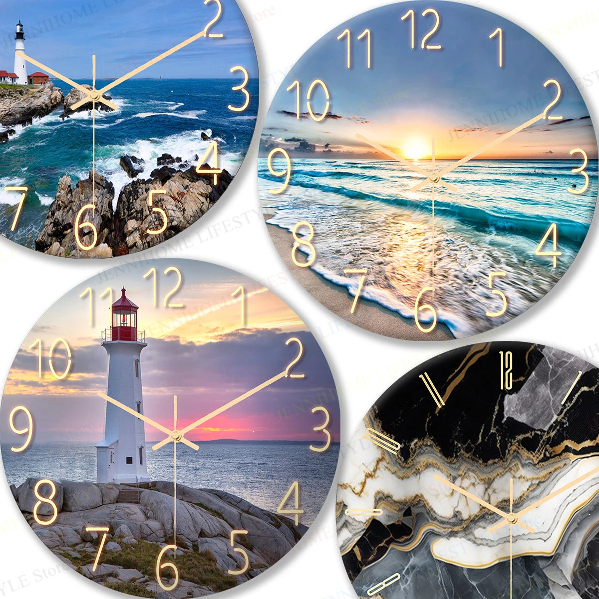 Beach Wall Clock Wall Art Clock Luxury Marble Watch Wall Mount Mechanic Clock Frameless Clock Wall Decor for Living Room Kitchen