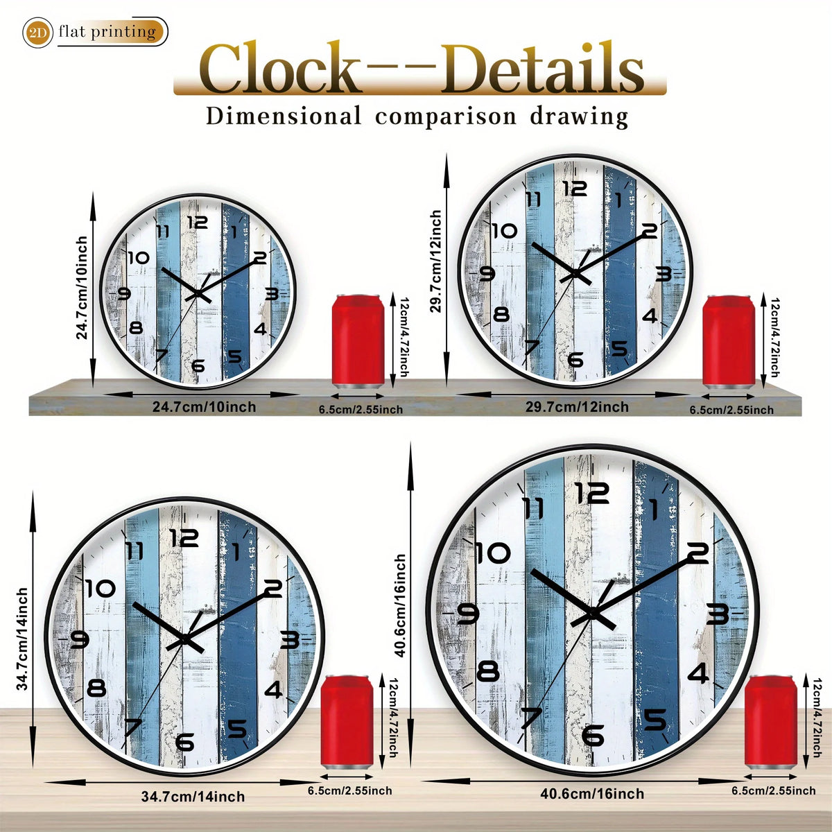 1pc Wall Clock / 2D Flat Printed Clock,  Blue and White Wood Grain Pattern Design / Suitable for Living Room, Bedroom, Seaside Style Decoration, Beach Style Home Decor / Ideal Birthday, Holiday, Summer Gift (AA Batteries Not