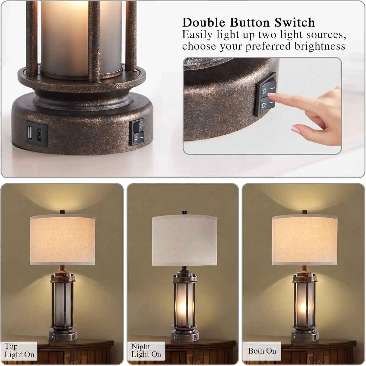 Set of 2 Farmhouse Lamps with USB Charging Ports for Living Room, Rustic Nightstand Table Lamp with Built-In Night Light, 4